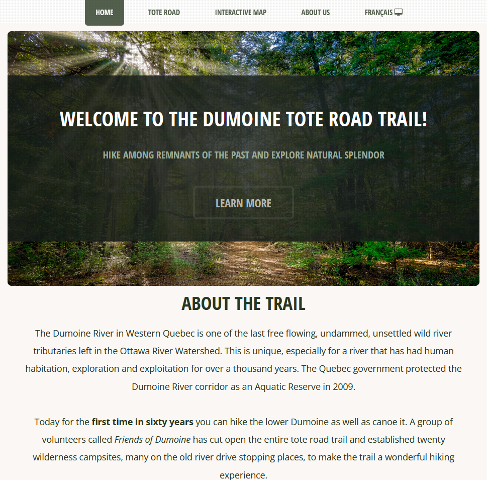 Home page for the Dumoine Tote Road Trail
