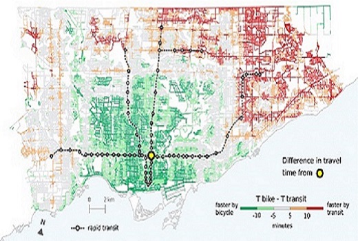 map showing travel times in Toronto